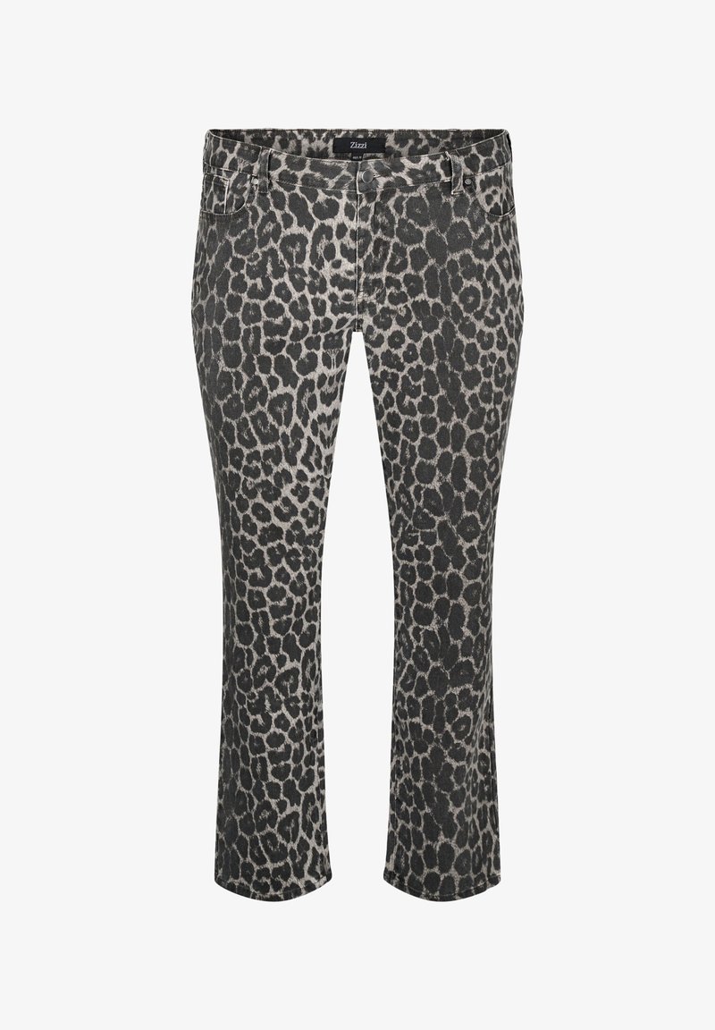 Leopardprint jeans in grijs en zwart. Slim fit ontwerp met vijf zakken en een rits afsluiting. Zachte denimtextuur, middelhoge taille.
