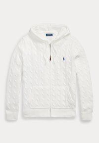 Pull à capuche zippé en maille torsadée blanche avec poches avant et petit logo bleu Polo Ralph Lauren sur la poitrine.