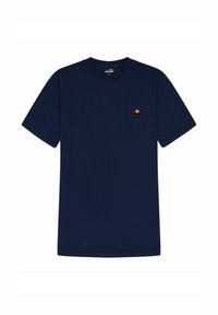 Granatowa bawełniana koszulka z okrągłym dekoltem. Posiada krótkie rękawy oraz małe, wielokolorowe logo na lewej kieszeni.