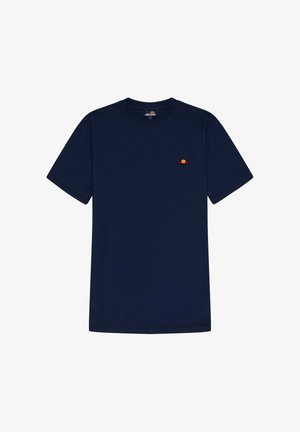 Camiseta de algodón azul marino con cuello redondo. Cuenta con mangas cortas y un pequeño logo multicolor en el área del pecho izquierdo.