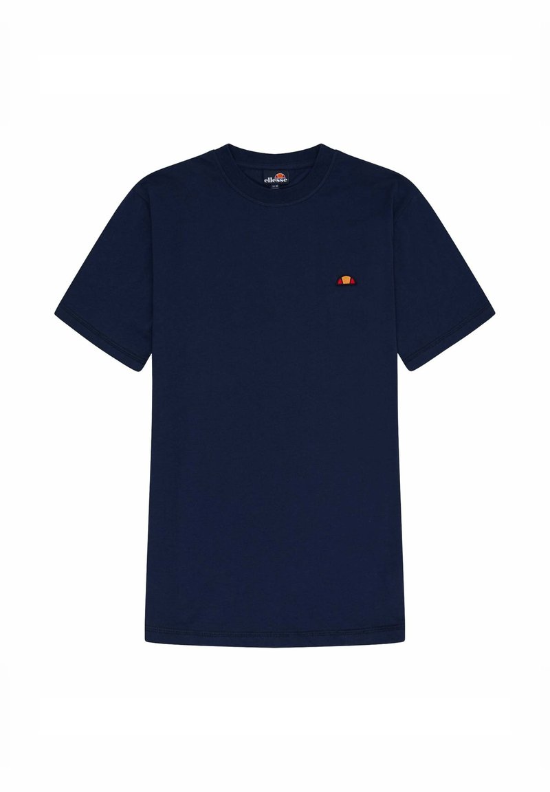 Granatowa bawełniana koszulka z okrągłym dekoltem. Posiada krótkie rękawy oraz małe, wielokolorowe logo na lewej kieszeni.