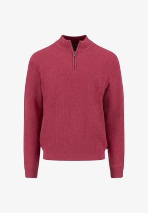 Maglione a collo alto rosso con cerniera corta, dalla texture strutturata. Presenta polsini e orlo a coste, realizzato in materiale lavorato a maglia con un motivo sottile.
