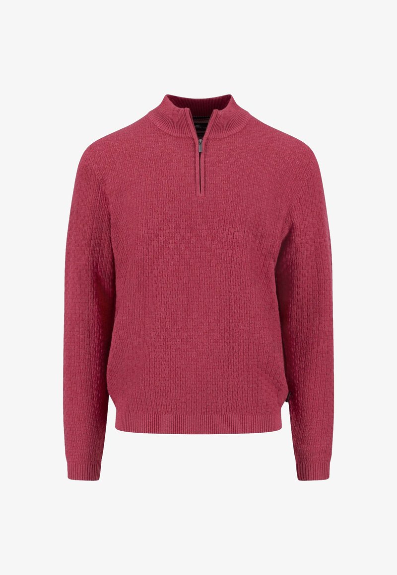 Maglione a collo alto rosso con cerniera corta, dalla texture strutturata. Presenta polsini e orlo a coste, realizzato in materiale lavorato a maglia con un motivo sottile.