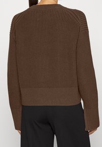 Brązowy sweter dziany z teksturowanym wzorem w wafle, prążkowanym dołem i rękawami. Posiada okrągły dekolt i krótki krój.