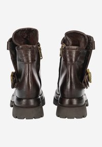 Bottes de cheville en cuir marron foncé avec zips sur les côtés, semelles robustes et accents décoratifs en métal. Texture lisse et design structuré.
