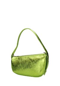 Borsa a tracolla verde metallica con design slim, dotata di una sola tracolla e chiusura con zip. Texture liscia con finitura lucida.