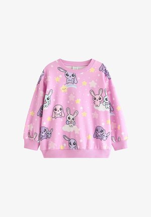 Sweat-shirt rose pour enfants avec motifs de lapin cartoon et étoiles, représentant des lapins souriants, des nuages et des étoiles jaunes éparpillées sur le tissu.