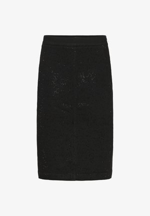 Schwarzer knielanger Bleistiftrock mit dezentem perforiertem Blumenmuster und einem glatten Bund, auf einem weißen Hintergrund flach ausgelegt.