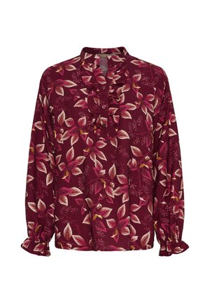 Bordeaux langærmet bluse med blomstermønster, der har rynket krave, knaplukning og tæt indsnævrede ærmer for en tekstureret detalje.