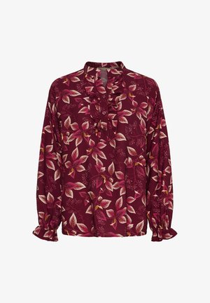 Bordeaux langærmet bluse med blomstermønster, der har rynket krave, knaplukning og tæt indsnævrede ærmer for en tekstureret detalje.