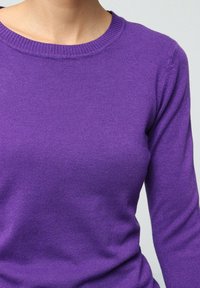 Pull en maille violette avec un col rond, des manches longues et une texture lisse. Pas de motifs ni d'accents visibles.