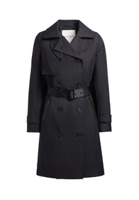 Trench-coat noir à double boutonnage avec un large col, une taille ceinturée et des poches latérales en tissu lisse et durable.