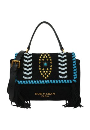Borsa a mano nera Rue Madam con dettagli intrecciati turchese e bianchi, borchie dorate, pietra turchese al centro, nappine nere e tracolla regolabile.