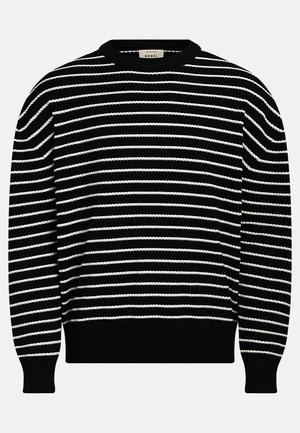 Pull à rayures noires et blanches avec un col rond, des poignets et un ourlet côtelés. Texture tricotée avec des lignes horizontales de largeurs variées.