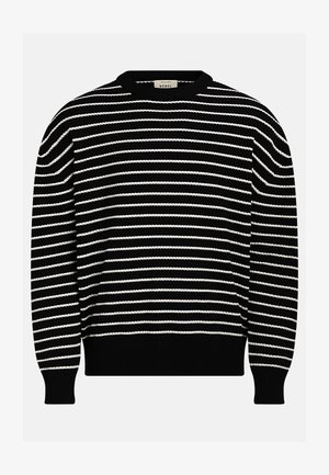 Maglione a righe bianche e nere con scollo rotondo, polsini e orlo a coste. Tessuto lavorato a maglia con linee orizzontali di larghezze variabili.