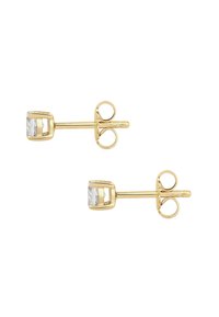 Pendientes de botón en tono dorado con cristales transparentes cuadrados dispuestos en un diseño tipo cuadrícula y un poste de metal liso con cierre en forma de lazo.