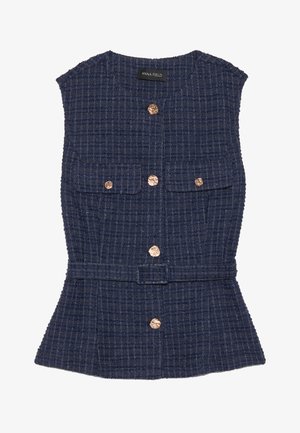 Navyblaues ärmelloses Weste aus strukturiertem Stoff, mit zwei Fronttaschen, sechs goldenen Knöpfen und einer taillierten Bund für eine formende Silhouette.