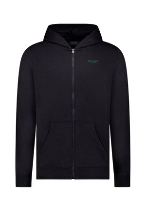 Zwarte zip-up hoodie met voorzakken en kleine groene "Denim Dept." tekst op de linkerborst, voorzien van een capuchon en geribde boorden.