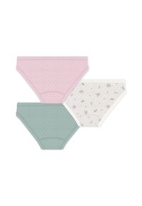 Τρία ζευγάρια γυναικείων βαμβακερών εσωρούχων: ένα ροζ με υφασμάτινο σχέδιο, ένα πράσινο μονόχρωμο και ένα λευκό με μικρό floral μοτίβο και κρεμ λεπτομέρειες.