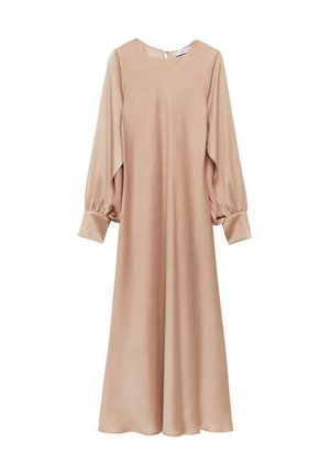 Long, beige dress in smooth fabric, with a round neckline and balloon sleeves. Simple, elegant design with no visible fastenings.