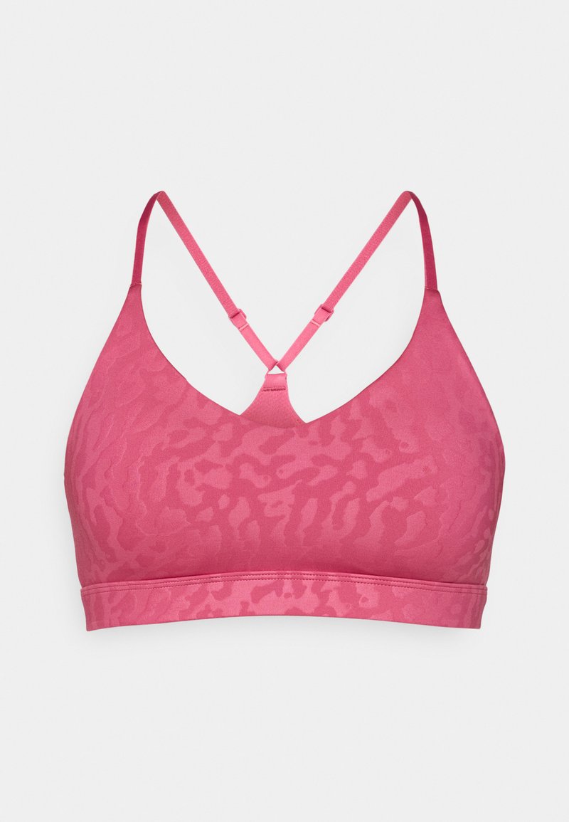 Pink bralette with a textured animal print pattern, adjustable straps, and a v-shaped neckline. Smooth fabric with a soft finish.