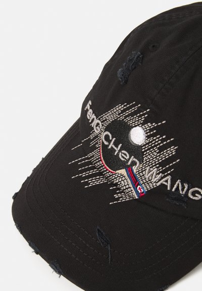 Black cotton cap with distressed details. Features white and silver embroidery of a table tennis paddle and "Feng Chen Wang" text.