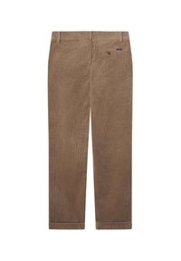 Hnedé kordové nohavice so strihom rovného nohu, ozdobené zadnou vreckom a jemnou rebrovanou textúrou. Na prednej strane nie sú viditeľné logá značky.