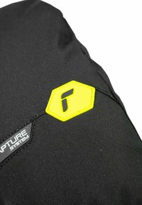 Schwarzstoff mit einer strukturierten Oberfläche, versehen mit einem gelben sechseckigen Logo und einem kleineren schwarzen Logoschild mit dem Text "Rapture System".