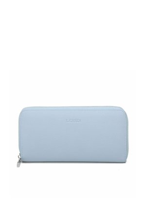 Light blue leather wallet with a smooth texture, zip closure, and embossed logo. Rectangular shape with clean lines and no additional embellishments.