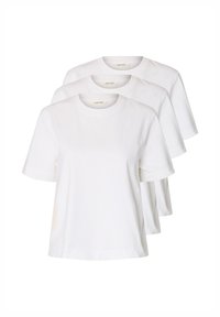 Trois T-shirts blancs unis à manches courtes et col rond empilés, vue de face avec l'étiquette de la marque visible à l'intérieur des cols.