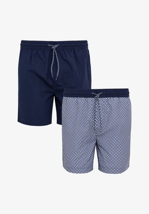 Granatowe szorty pływackie z elastycznym pasem i sznurkiem. Jedna para jest w jednolitym granatowym kolorze, a druga ma geometryczny biały wzór.
