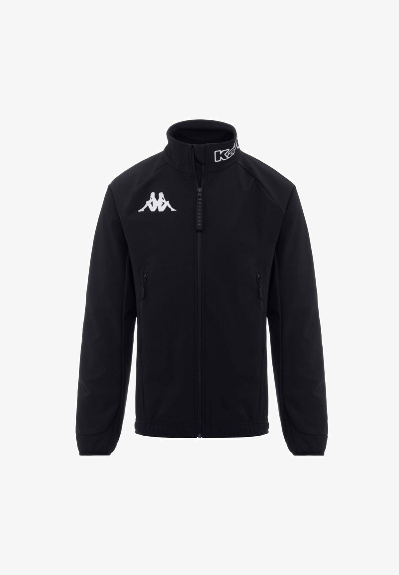 Giacca nera con zip realizzata in tessuto morbido, dotata di un collo alto, tasche laterali e un logo bianco sul lato sinistro superiore.