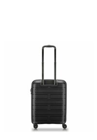 Black hard-shell suitcase featuring a textured surface with horizontal lines, a telescoping handle, and four spinner wheels for easy maneuverability.