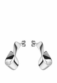 Silberne Ohrringe mit einem abstrakten Twist-Design, glatter Oberfläche und polierter Ausführung. Jeder Ohrring wird mit einem Steckerverschluss gesichert.