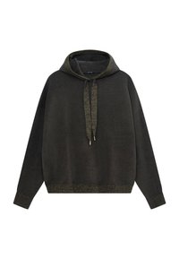 Sudadera de gran tamaño en gris oscuro con cordón, que presenta acentos metálicos, puños y dobladillo acanalados, hecha de un tejido suave y texturizado.