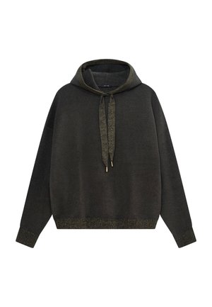 Sudadera de gran tamaño en gris oscuro con cordón, que presenta acentos metálicos, puños y dobladillo acanalados, hecha de un tejido suave y texturizado.