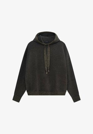 Overmaatse donkergrijze hoodie met een trekkoord, voorzien van metalen accenten, geribbelde mouwen en zoom, gemaakt van zachte textuurstof.