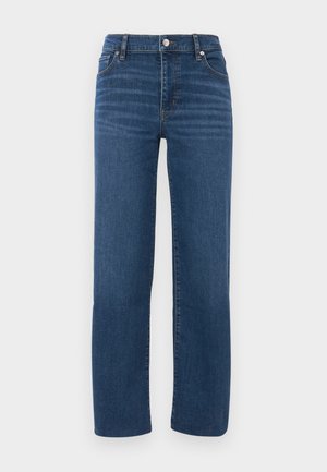 Blå denimjeans med lige pasform, høj talje, forreste lommer og et klassisk femlomme-design. Glat tekstur; minimal syning.