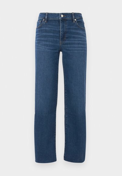 Blaue Jeans aus Denim mit geradem Bein, hoher Taille, Fronttaschen und klassischem Fünf-Pocket-Design. Glatte Textur; minimale Nahtdetails.