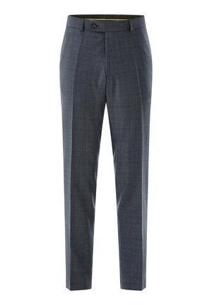 Men's tailored slim-fit dark grey dress trousers with subtle check pattern, button closure, and belt loops.