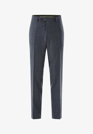 Men's tailored slim-fit dark grey dress trousers with subtle check pattern, button closure, and belt loops.