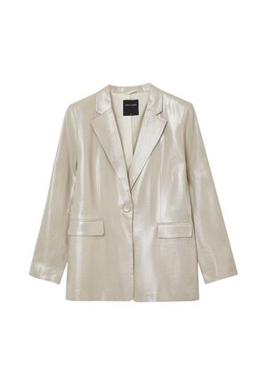 Blazer metallico color beige chiaro con un design strutturato, chiusura a bottone singolo e due tasche frontali. Texture liscia con una finitura lucida.