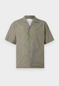 Short-sleeve, olive green shirt with a topographic line pattern in blue, featuring a button front and a small logo on the chest.
