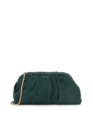 Zelené semišové psaníčko so zdobenou textúrou a zlatým reťazovým remienkom. Mäkký, zaoblený tvar so záhybkovým detailom. Kompaktný dizajn pre základné potreby.