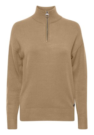 Bežs vilnas adījuma džemperis ar augstu apkakli un pusi rāvējslēdzēja. Iezīmējas ar ribotu tekstūru un sānu akcentu ar logo detaļu.