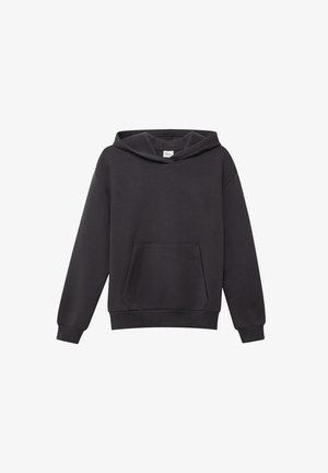 Sudadera con capucha de color gris oscuro, con un bolsillo tipo canguro, puños y dobladillo de canalé, fabricada en tela suave. Diseño simple y sin adornos.