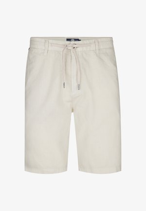 Helle beigen Freizeithosen mit Kordelzugbund, Gürtelschlaufen und Fronttaschen, aus einem leichten Stoff gefertigt.