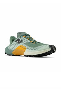 Lightweight running shoe in green mesh with yellow accents. Textured rubber outsole, padded collar, and visible lacing system.