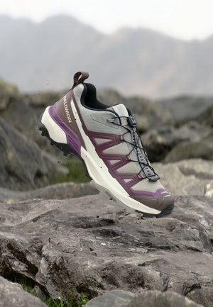 Chaussure de trail running Salomon grise et violette flottant au-dessus d'un terrain rocheux avec des montagnes floues en arrière-plan.