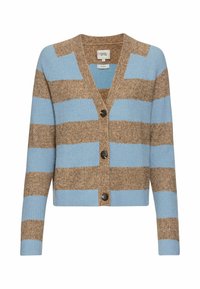 Stribet cardigan i lyseblå og brun, med en dyb V-udskæring, ribbet tekstur og fem mørke knapper foran.